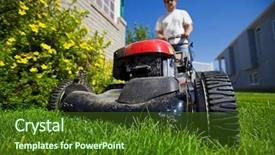  Presentation with focus - Presentation design featuring grass cutting - man mowing the front lawn background and a tawny brown colored foreground