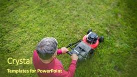  Presentation with garden - Cool new presentation theme with grass cutting - senior man mowing his garden backdrop and a tawny brown colored foreground
