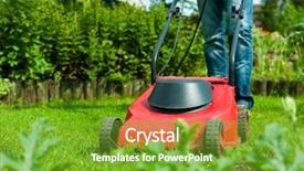  Presentation with machine - Colorful presentation theme enhanced with grass cutting - young man - only legs backdrop and a tawny brown colored foreground