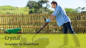  Presentation with lawn maintenance - Slide deck with grass cutting - young man mowing lawn background and a gold colored foreground