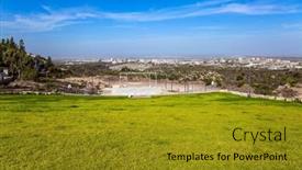  Presentation with field - Presentation design enhanced with grass-field-and-tel-aviv background and a gold colored foreground