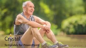  Presentation with music headphones - Beautiful PPT layouts featuring natural vegetation - athletic senior in sportswear sitting backdrop and a coral colored foreground