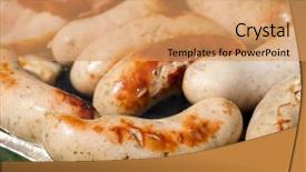  Presentation with grilled meats - Colorful theme enhanced with grass picnic dog - grilled white sausages backdrop and a coral colored foreground