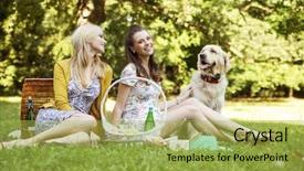 Presentation with park - PPT theme with grass picnic dog - smiling women at the park background and a  colored foreground