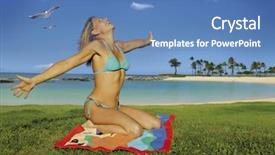  Presentation with ocean - Amazing presentation design having grass tan water - beautiful woman beside the ocean backdrop and a  colored foreground