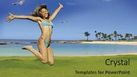  Presentation with jumping into the ocean - Presentation theme consisting of grass tan water - beautiful woman is jumping beside background and a  colored foreground