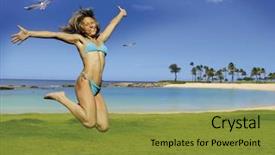  Presentation with jumping into the ocean - Presentation theme featuring grass tan water - beautiful woman is jumping beside background and a  colored foreground