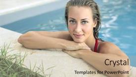  Presentation with blue eyes - Audience pleasing PPT theme consisting of grass tan water - blonde girl with blue eyes backdrop and a  colored foreground