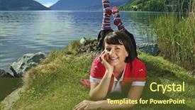  Presentation with beautiful midnight sun over - PPT theme with grass tan water - girl enjoying the sun background and a  colored foreground