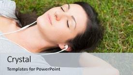 Presentation with listening woman - PPT theme with grass while listening music background and a sky blue colored foreground