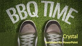  Presentation with green grass artificial top - PPT theme featuring grass with the text bbq background and a tawny brown colored foreground