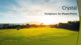  Presentation with green and purple mardi gras - Colorful presentation theme enhanced with grassy green field at sunset backdrop and a light blue colored foreground