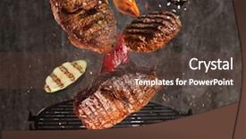  Presentation with grill - Theme with grate and tasty meats flying background and a tawny brown colored foreground