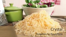  Presentation with wooden boat at sea edge - Slides with grated cheese on wooden cutting background and a yellow colored foreground