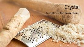  Presentation with root - Cool new PPT theme with grated horseradish root on kitchen table backdrop and a coral colored foreground