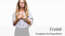  Presentation with young business woman smile show - Beautiful PPT theme featuring grateful gesture on face health backdrop and a white colored foreground