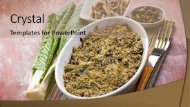  Presentation with swiss chard - Audience pleasing presentation consisting of gratin of swiss chard anchovies backdrop and a coral colored foreground