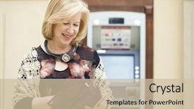  Presentation with machine shop - Presentation design featuring gratuity - mature blonde woman counting money background and a  colored foreground