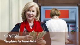  Presentation with machine shop - Presentation theme with gratuity - mature blonde woman counting money background and a  colored foreground