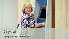  Presentation with machine shop - Beautiful PPT layouts featuring gratuity - mature blonde woman with credit backdrop and a  colored foreground