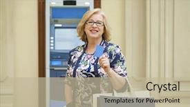  Presentation with machine shop - Colorful PPT theme enhanced with gratuity - mature blonde woman with credit backdrop and a mint green colored foreground