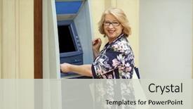  Presentation with credit card - PPT theme featuring gratuity - mature blonde woman with credit background and a light gray colored foreground