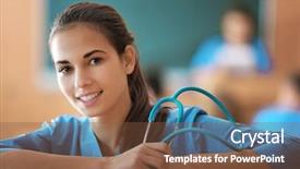  Presentation with student - Amazing presentation design having grauaite medical education - young female student at lecture backdrop and a tawny brown colored foreground