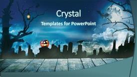  Presentation with spooky halloween graveyard dark - Beautiful theme featuring graveyard - spooky halloween background with empty backdrop and a ocean colored foreground