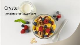  Presentation with white milk - Theme with graviola leaves - bowl of cereals and berry background and a light gray colored foreground