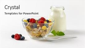  Presentation with fruit yogurt - PPT theme featuring graviola leaves - bowl of cereals and berry background and a white colored foreground