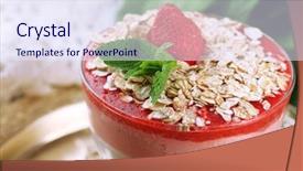  Presentation with granola - Amazing presentation design having graviola leaves - dessert with fresh strawberry cream backdrop and a  colored foreground