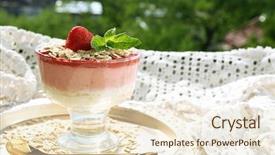  Presentation with granola - Presentation design consisting of graviola leaves - dessert with fresh strawberry cream background and a  colored foreground