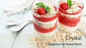  Presentation with granola - Presentation theme with graviola leaves - dessert with fresh strawberry cream background and a  colored foreground