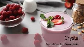  Presentation with milk - PPT theme having graviola leaves - glass of berry milk shake background and a coral colored foreground
