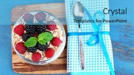  Presentation with fruit yogurt - Audience pleasing presentation consisting of graviola leaves - healthy breakfast - yogurt backdrop and a light blue colored foreground