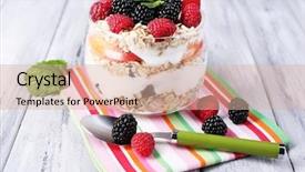  Presentation with muesli - Presentation theme enhanced with graviola leaves - healthy breakfast - yogurt background and a  colored foreground