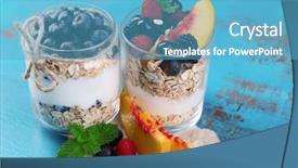  Presentation with fruit yogurt - PPT layouts enhanced with graviola leaves - healthy breakfast - yogurt background and a teal colored foreground