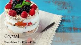  Presentation with healthy breakfast - Theme enhanced with graviola leaves - healthy breakfast - yogurt background and a  colored foreground