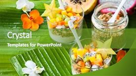  Presentation with granola - PPT theme featuring graviola leaves - healthy breakfast with exotic fruits background and a tawny brown colored foreground