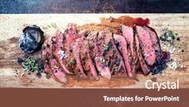  Presentation with barbecue dry aged kobe rib - Slides with gravy - traditional american barbecue dry aged background and a coral colored foreground