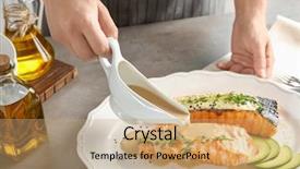  Presentation with salmon fish - Theme featuring gravy - woman pouring fish sauce onto background and a coral colored foreground