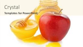  Presentation with honey - Audience pleasing slide deck consisting of gravy boat and jar with aromatic honey and apple on white background backdrop and a blonde colored foreground