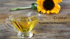  Presentation with cooking oil - Audience pleasing theme consisting of gravy boat with cooking oil on wooden table backdrop and a gold colored foreground