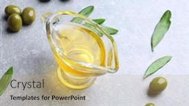  Presentation with olive oil and products - Colorful slide deck enhanced with gravy-boat-with-olive-oil backdrop and a coral colored foreground