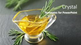  Presentation with herb - Theme consisting of gravy boat with rosemary oil and herb on wooden table background and a tawny brown colored foreground
