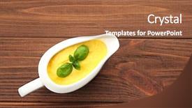  Presentation with wooden boat at sea edge - Beautiful slide deck featuring gravy boat with tasty cheese backdrop and a red colored foreground