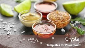  Presentation with sauces - PPT theme having gravy boats with tasty sauces background and a violet colored foreground