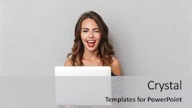  Presentation with cheerful stylish city girl using - Colorful theme enhanced with gray background holding laptop computer backdrop and a light gray colored foreground
