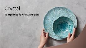  Presentation with handcraft - Colorful PPT theme enhanced with vintage painted glazed plates dishes on gray concrete table with free space ror text girl hold handcraft bowl in her hand backdrop and a light gray colored foreground