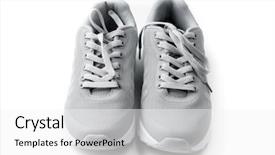  Presentation with wood gray - Audience pleasing slide set consisting of gray cozy running shoes sitting on white wood long shoelaces tied in white soles backdrop and a white colored foreground